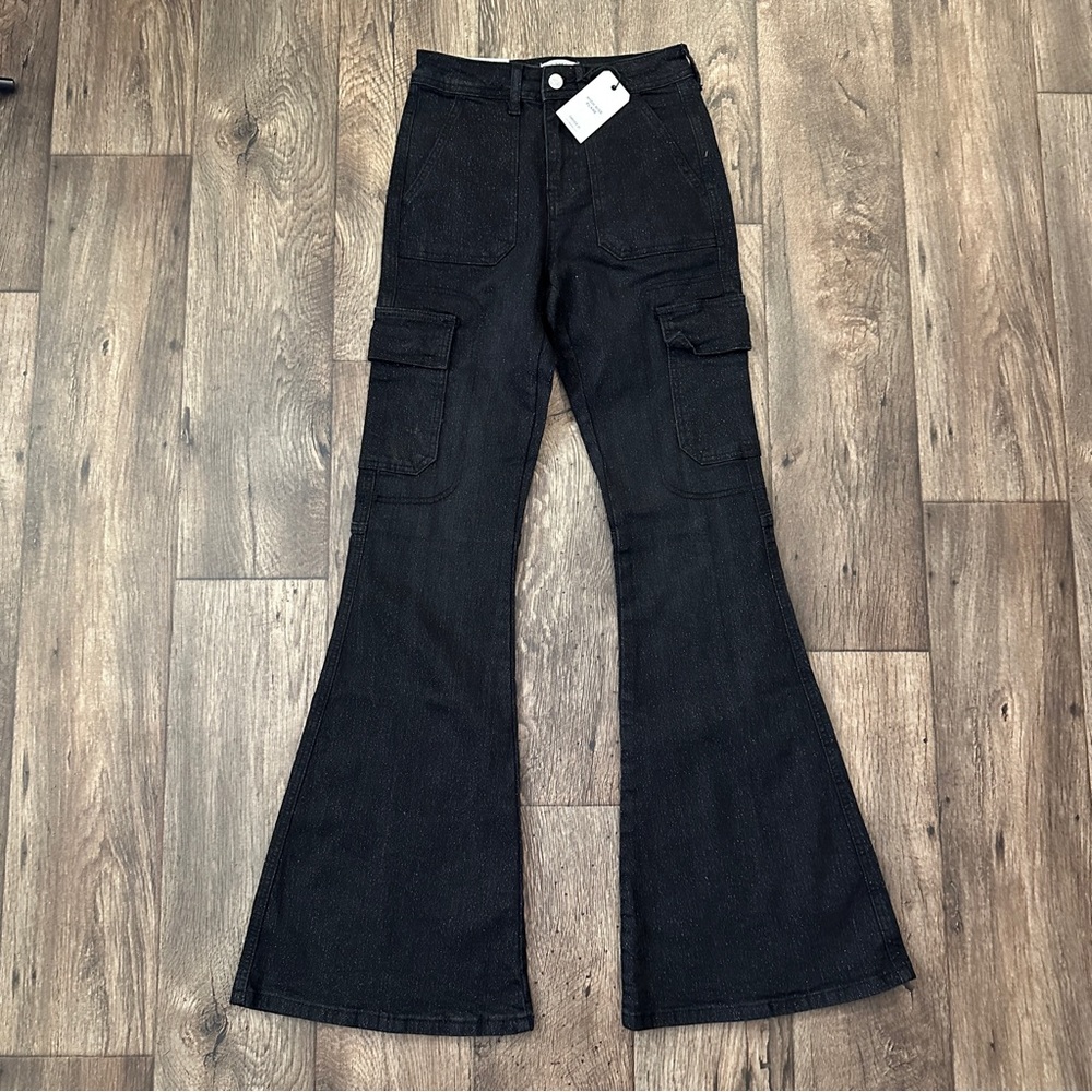 Forever 21 Cargo High Rise Flare Jeans Women’s Size 24 Glitter Black
